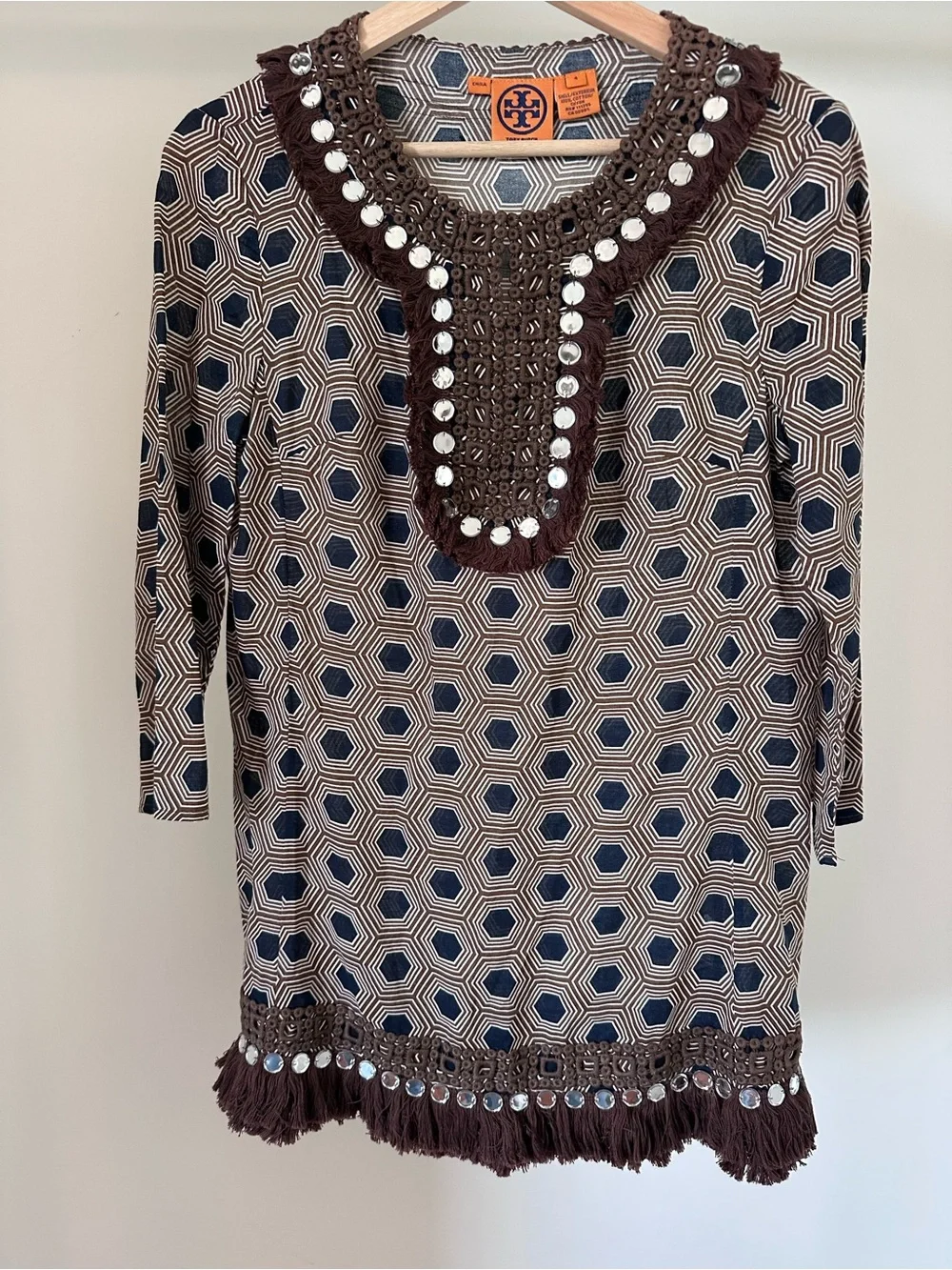 Tory Burch Geometric Tunic with Embellished Fringe‎ size 4